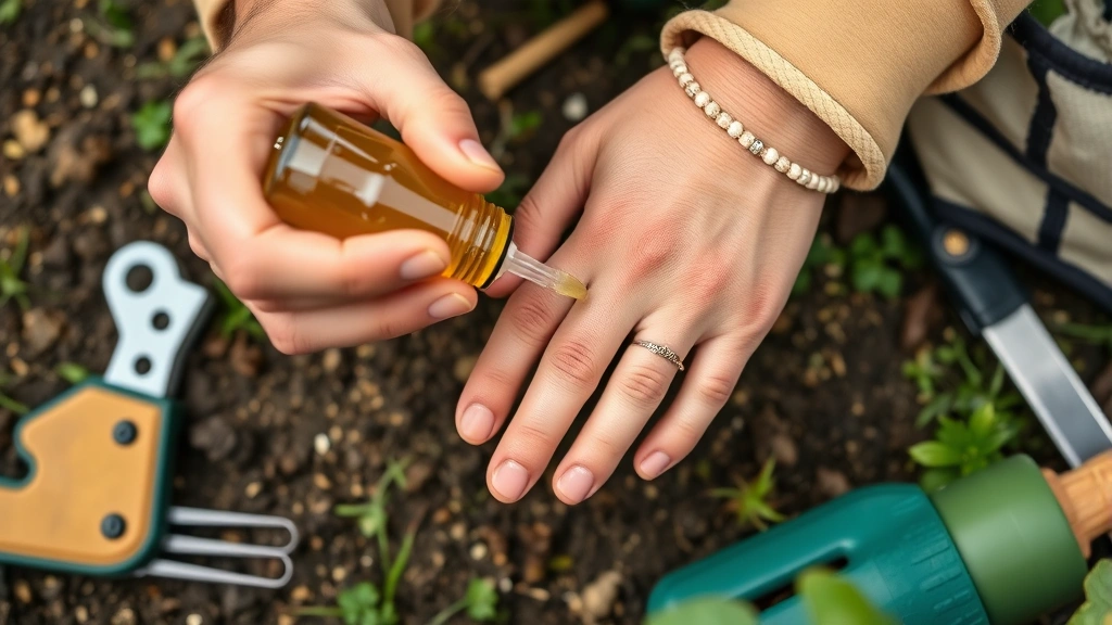 Gardener's hands applying cuticle oil and moisturizer to nails after outdoor gardening session, with gardening gloves and tools visible nearby, showing daily nail care maintenance routine