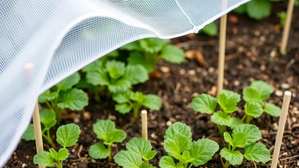 Close-up of white fine-mesh insect netting draped over healthy green vegetable seedlings in garden bed, showing proper spacing and installation with stakes visible