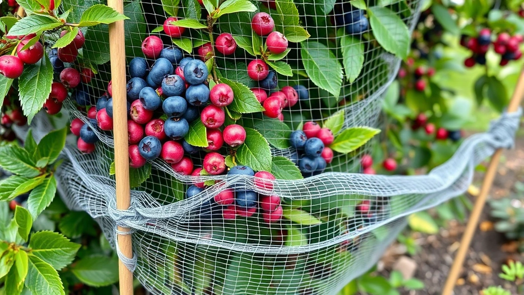 Bird netting properly secured around blueberry bush laden with ripening berries, demonstrating professional installation with stakes and anchors, natural garden setting