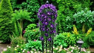 Tall wrought iron garden obelisk covered with deep purple clematis flowers blooming abundantly, positioned in a traditional cottage garden border with flowering perennials at base