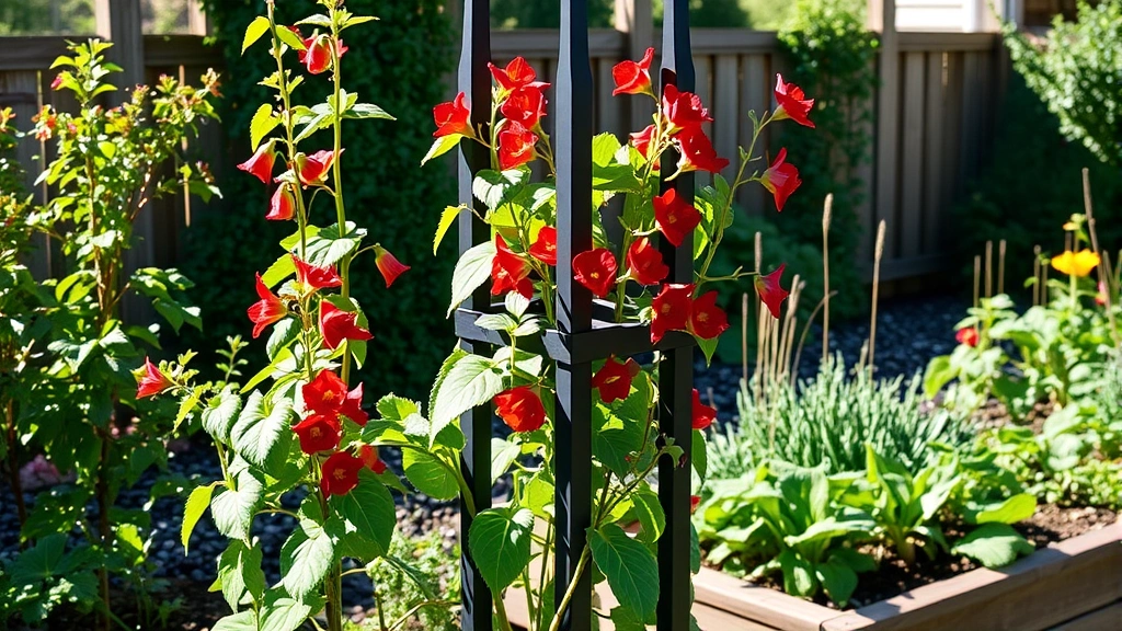 Modern black steel garden obelisk supporting vibrant scarlet runner beans with red flowers and green foliage, positioned near raised garden bed with vegetable plantings, sunny afternoon lighting