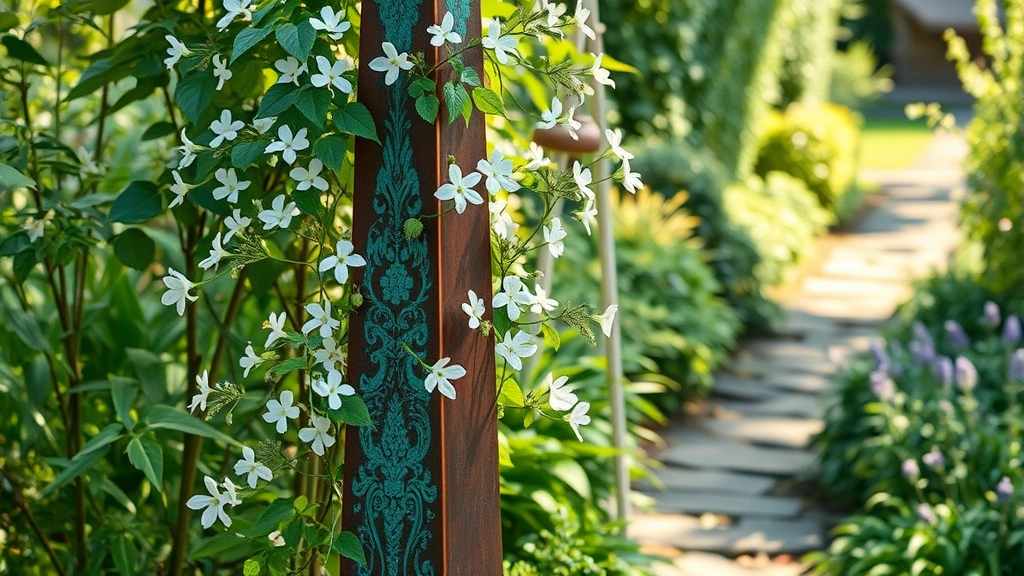 Copper garden obelisk with developing green patina supporting delicate white clematis armandii flowers and foliage, positioned as focal point at garden pathway entrance, soft diffused sunlight