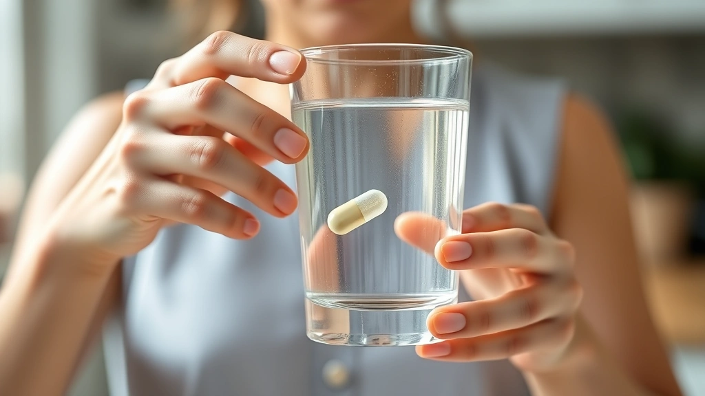 Woman holding a clear glass of water with probiotic capsule visible, bright natural kitchen lighting, fresh and healthy aesthetic, close-up shot of the capsule showing texture