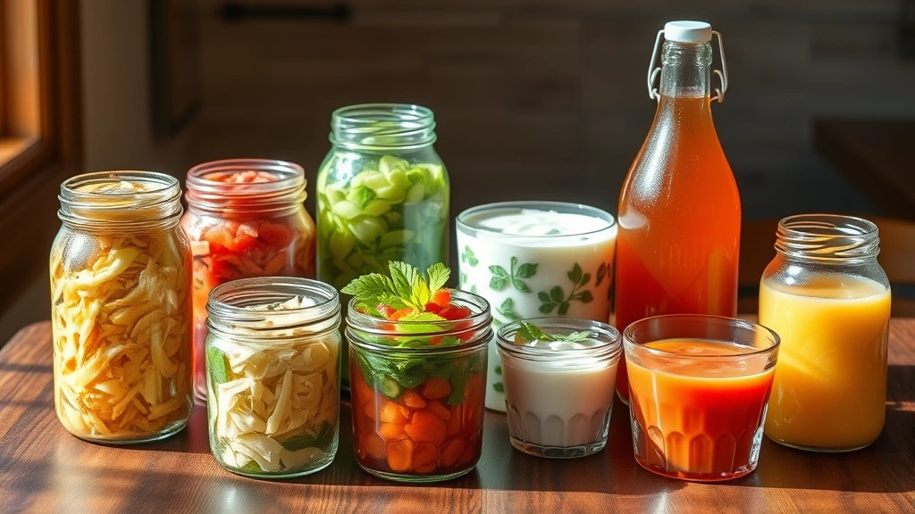 Colorful array of fresh fermented foods including sauerkraut, kimchi, yogurt, and kombucha in glass containers on wooden table, natural daylight streaming across, vibrant and appetizing presentation