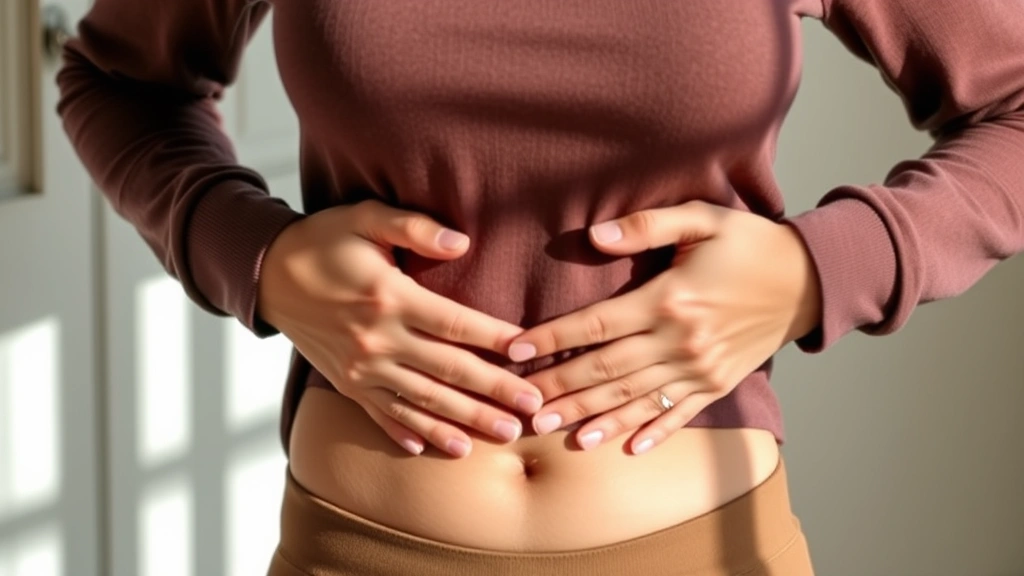 Woman's hands holding her stomach area with a peaceful expression, wearing comfortable clothing, soft natural lighting from window, conveying wellness and digestive comfort, minimalist background