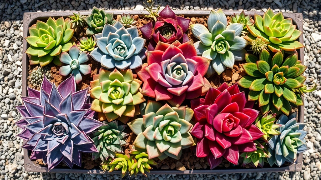 Overhead view of diverse succulent plants arranged in raised garden bed with contrasting colors including purple echeveria, silvery sedum, and red-tipped varieties, surrounded by gravel mulch and natural daylight