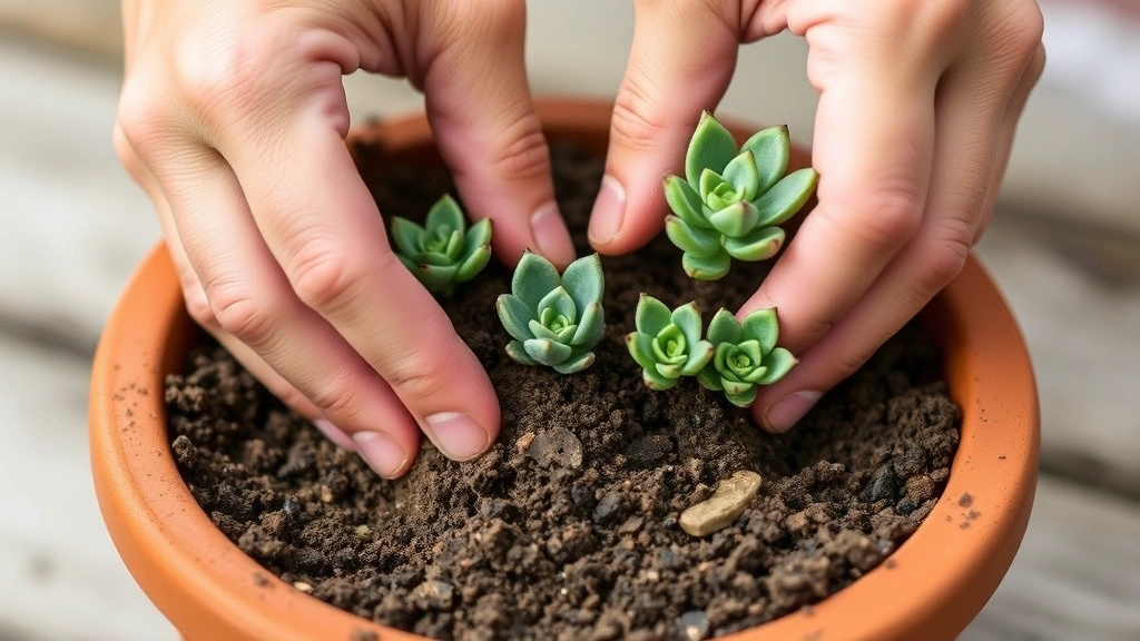 Close-up of hands planting small succulent rosettes into well-draining soil in a decorative terracotta pot with drainage hole, showing proper planting depth and soil texture