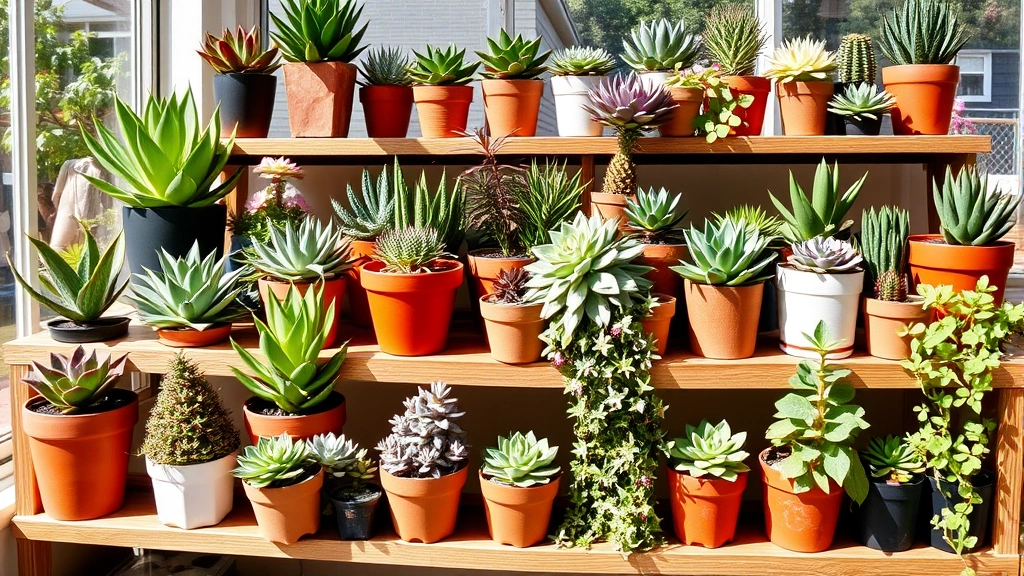 Vibrant collection of potted succulents on tiered wooden shelving in bright sunlight, featuring jade plants, aloe varieties, echeverias, and trailing sedums with varied container sizes and shapes