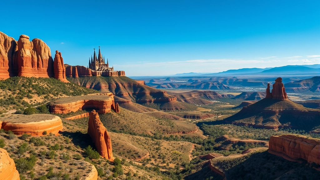 Aerial view of Garden of the Gods showing red rock formations, Cathedral Spires, and Kissing Camels with Colorado Springs valley below, clear blue sky