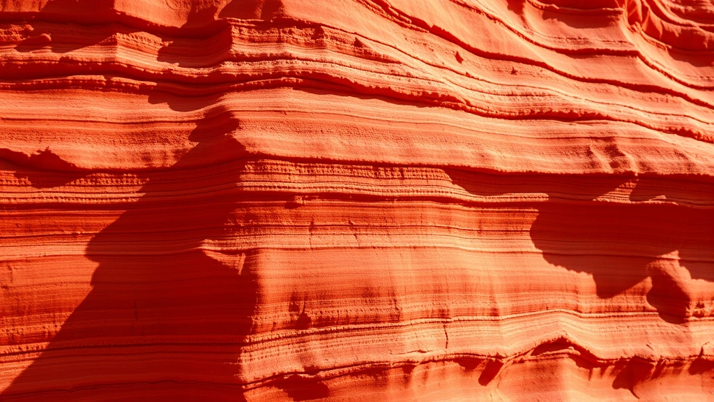 Close-up of vibrant red sandstone formations with natural textures, shadows, and stratification patterns showing geological layers and erosion details
