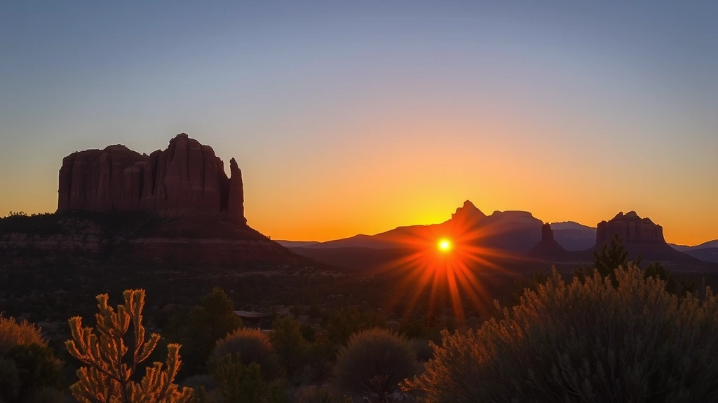 Sunset over Garden of the Gods with warm golden light illuminating rock formations, Pikes Peak in background, and natural vegetation in foreground