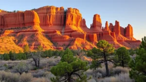 Red sandstone rock formations at Garden of the Gods with native scrub oak and ponderosa pine trees, golden hour lighting, dramatic geological formations, natural landscape