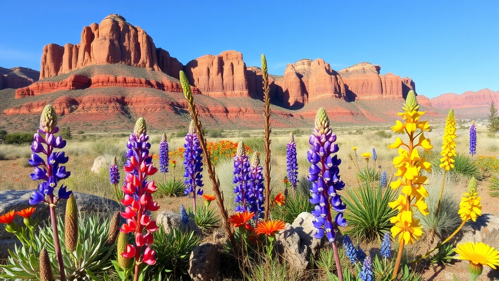 Native wildflowers blooming in Colorado high desert including purple lupines, red Indian paintbrush, and yellow balsamroot against red rock cliffs, spring season