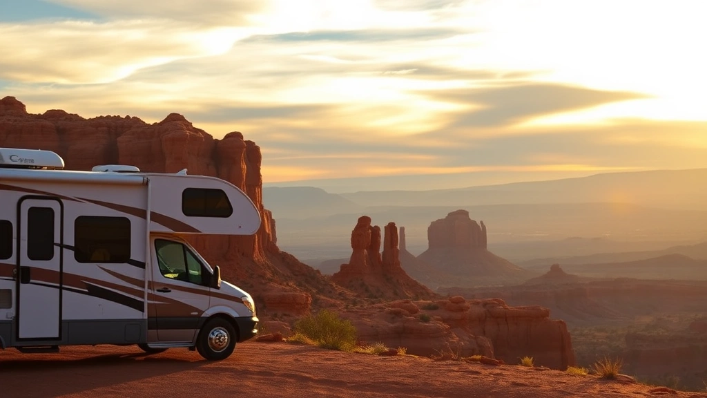 RV parked at scenic overlook with panoramic view of Garden of the Gods red rock formations, golden hour sunset lighting, natural landscape photography