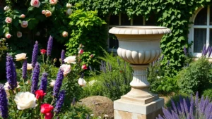Weathered limestone classical urn positioned in a cottage garden surrounded by flowering roses, lavender, and climbing ivy, natural daylight, photorealistic garden setting