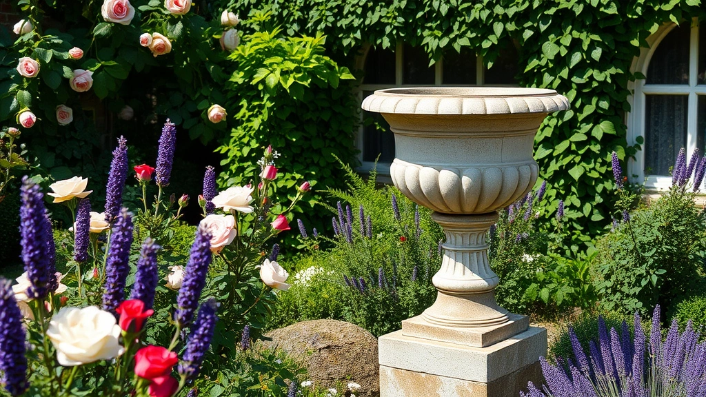 Weathered limestone classical urn positioned in a cottage garden surrounded by flowering roses, lavender, and climbing ivy, natural daylight, photorealistic garden setting