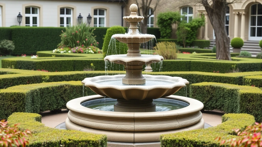 Tiered stone fountain with water cascading into basin, positioned as central focal point in formal garden with boxwood hedges and manicured plantings, peaceful serene atmosphere