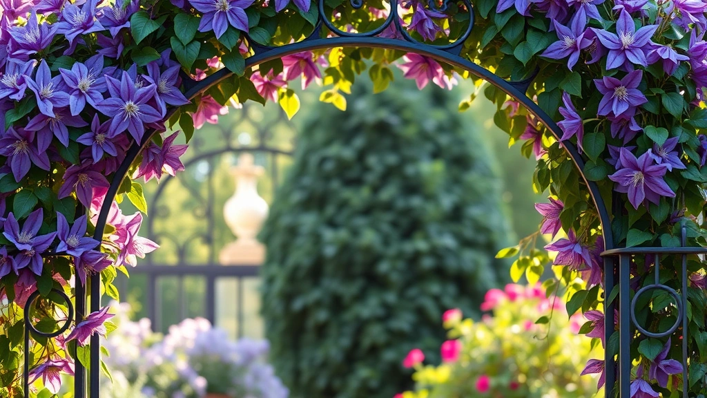 Ornamental metal arch with climbing clematis vines in purple blooms, creating garden gateway entrance, morning light filtering through flowers, natural garden composition
