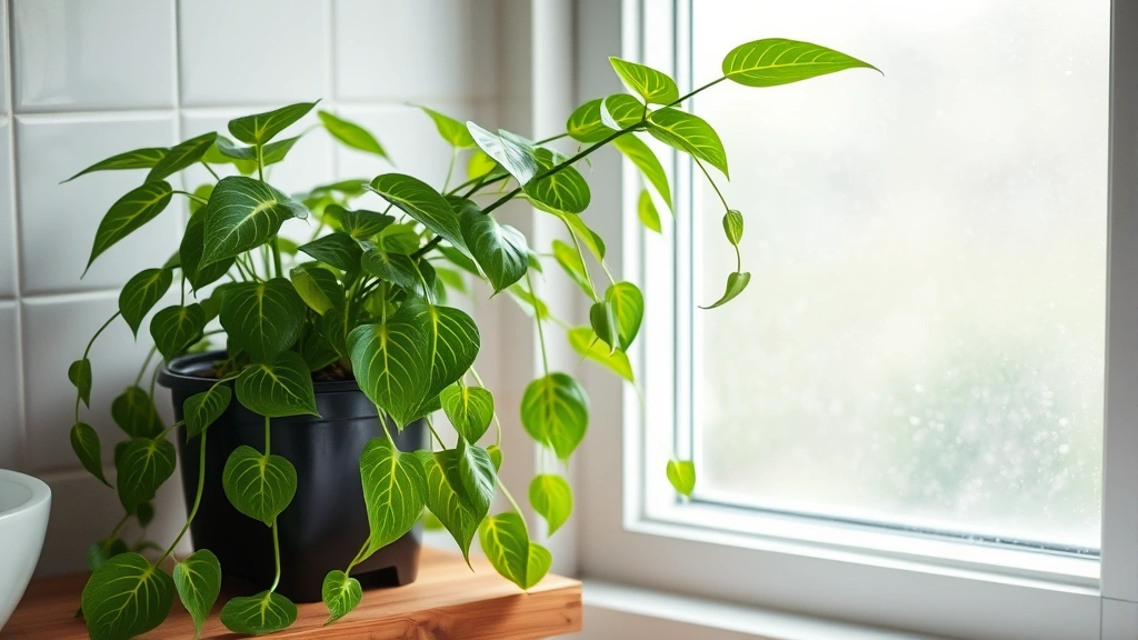 Garden panda plant thriving in humid bathroom environment on wooden shelf near window, lush green trailing stems with prominent contrasting leaf veins