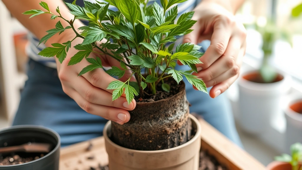 Hands repotting garden panda into fresh soil mixture with drainage components visible, gardener demonstrating proper potting technique in bright indoor setting