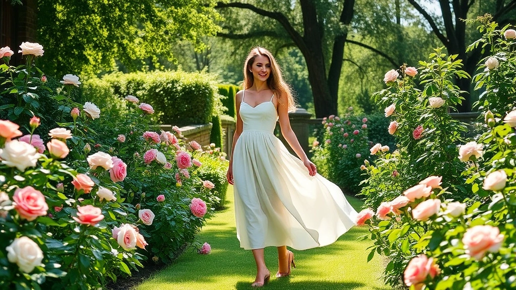 Woman wearing flowing pastel linen midi dress standing in lush garden surrounded by blooming roses and green foliage, natural sunlight filtering through trees, elegant and serene outdoor setting
