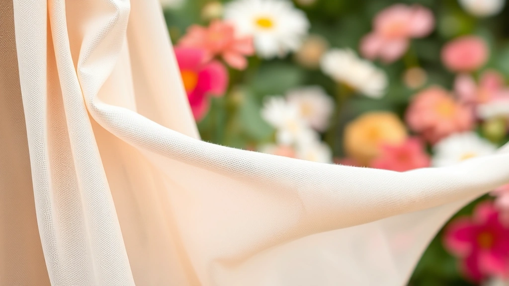 Close-up of delicate garden party dress fabric showing lightweight natural material with soft texture, draped gracefully with subtle shading, garden flowers blurred in background creating depth
