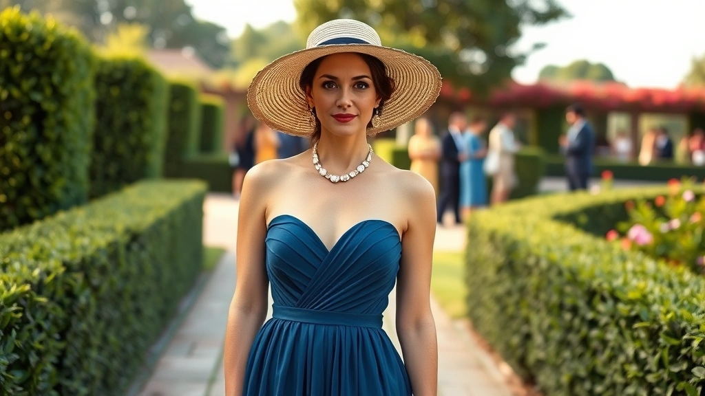 Woman in elegant jewel-tone garden party dress accessorized with wide-brimmed straw hat and delicate jewelry, standing on garden pathway with manicured hedges and flowering shrubs, sophisticated outdoor entertaining scene