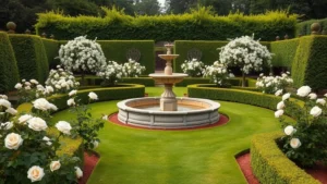 Formal garden with white roses, boxwood hedges, and classical stone fountain in center, manicured lawn, elegant landscape design