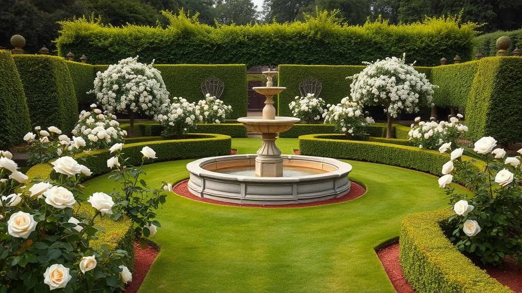 Formal garden with white roses, boxwood hedges, and classical stone fountain in center, manicured lawn, elegant landscape design