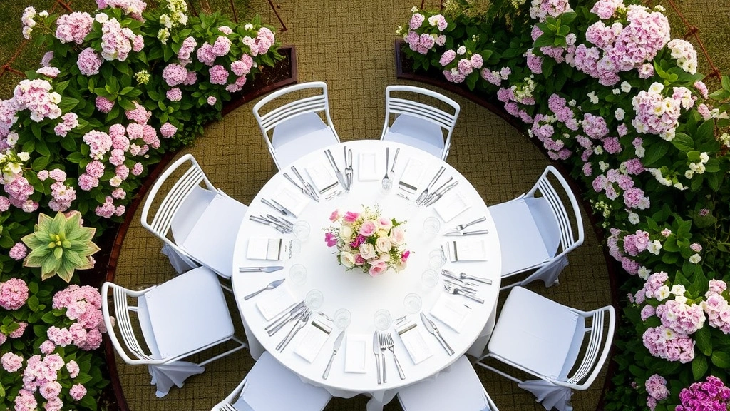 Overhead view of formal dinner setup with white linens, place settings, and surrounding beds of pink hydrangeas and white clematis climbing trellises