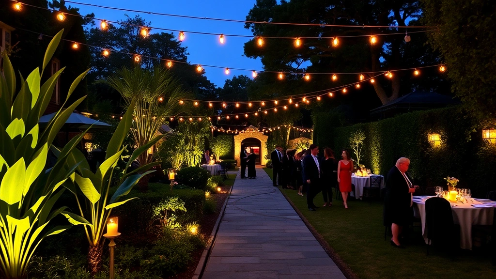 Evening garden illuminated with uplighting on specimen plants, string lights overhead, candlelit tables, stone pathway with guests in formal attire