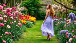 Woman in flowing lavender dress standing among blooming spring garden flowers, soft natural lighting, garden pathways visible, peaceful botanical setting