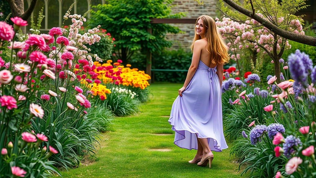 Woman in flowing lavender dress standing among blooming spring garden flowers, soft natural lighting, garden pathways visible, peaceful botanical setting