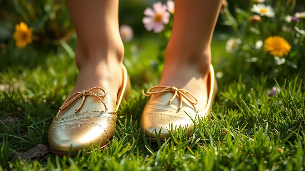 Close-up of elegant flat metallic gold shoes on garden grass near flowering plants, natural daylight, garden aesthetic background