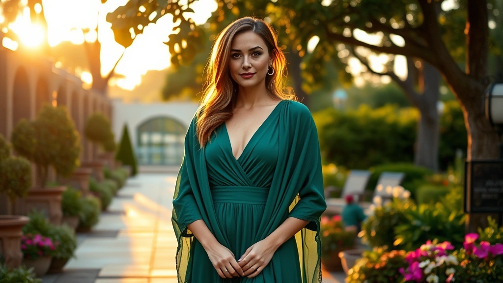 Woman in jewel-toned emerald dress with lightweight wrap at outdoor garden venue during golden hour, mature trees and flowering plants surrounding, sophisticated elegance