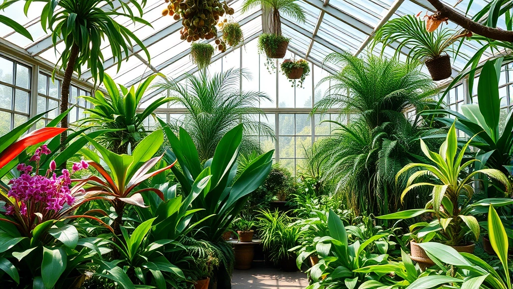 Lush greenhouse interior with diverse tropical plants including orchids, ferns, and bromeliads under glass roof with natural lighting creating dappled shadows on foliage