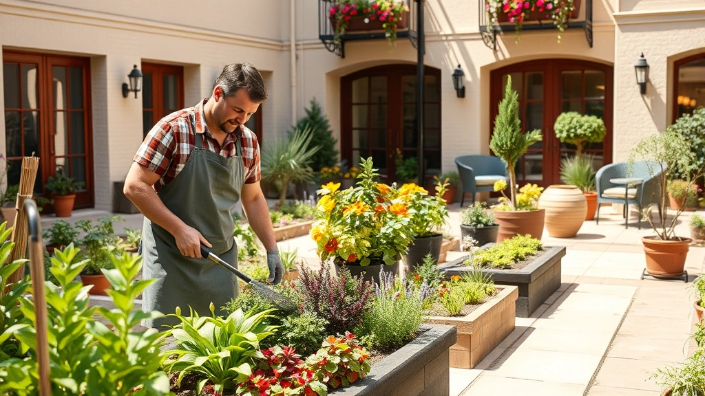 Professional gardener in apron tending raised beds and container plants in a sunny hotel garden courtyard with mixed plantings and comfortable seating areas visible