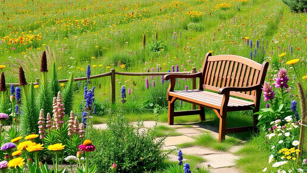 Peaceful garden seating area with wooden bench overlooking flowering meadow with butterflies and pollinators, surrounded by diverse blooming plants and natural landscape design