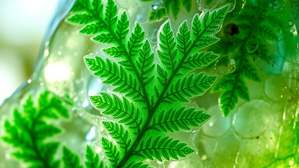 Close-up of translucent garden quartz specimen with vibrant green chlorite inclusions creating fern-like patterns resembling actual plant foliage against soft natural light background
