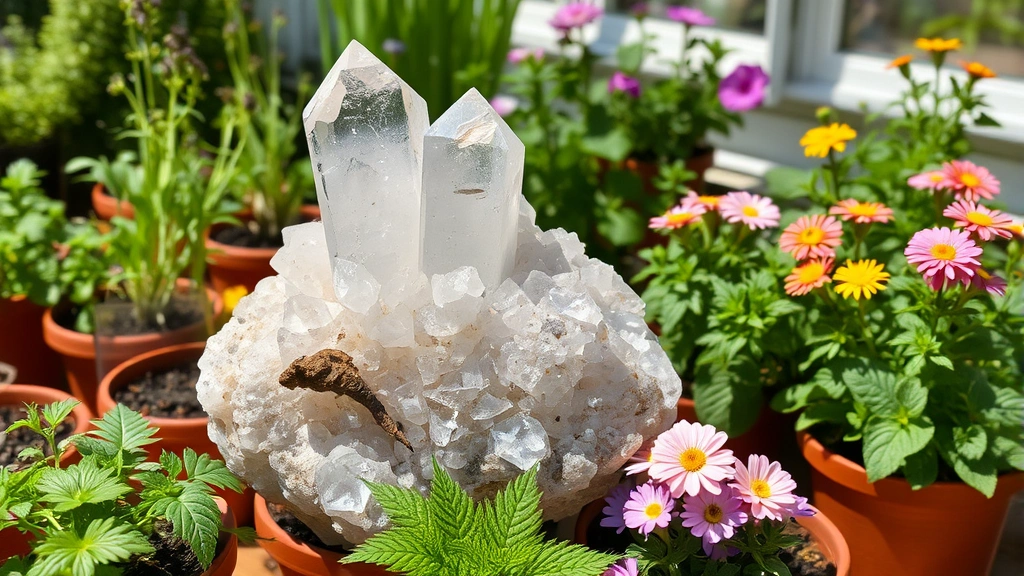 Raw garden quartz crystal cluster displayed among potted herbs and flowering plants in a bright garden setting, showing the stone's botanical aesthetic alongside living vegetation
