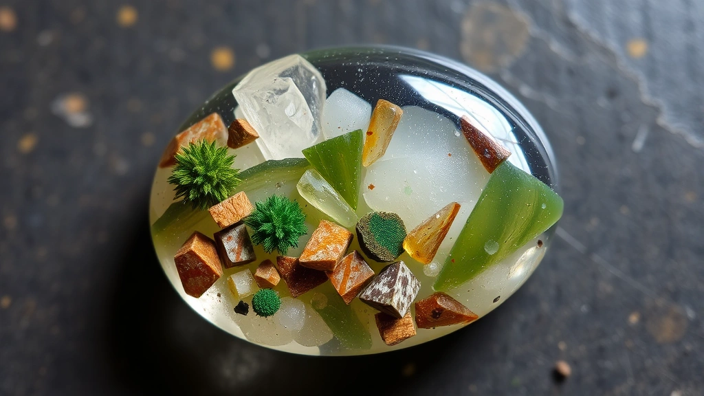 Polished garden quartz cabochon with multiple mineral inclusions featuring green, brown, and white tones creating a complete miniature landscape scene viewed from above