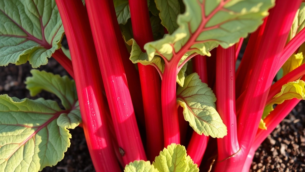 Close-up of vibrant crimson rhubarb stalks with large wrinkled leaves in morning sunlight, water droplets on foliage, rich garden soil visible at base