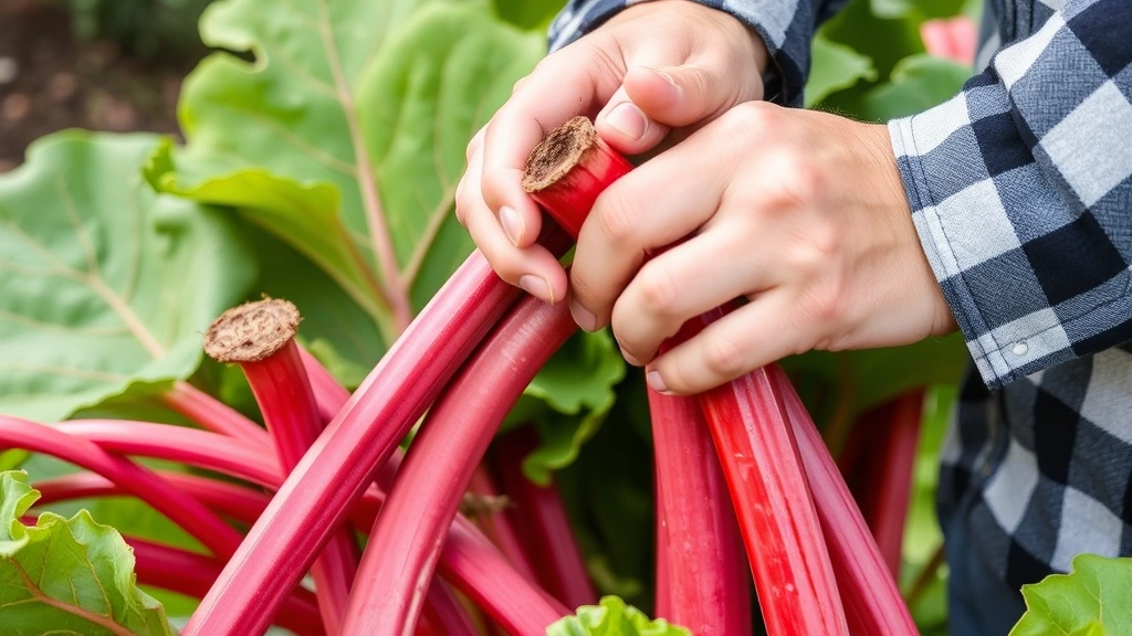 Gardener's hands demonstrating proper rhubarb stalk harvesting technique, grasping near crown with twisting motion, healthy pink-red stalks, lush green leaves in background