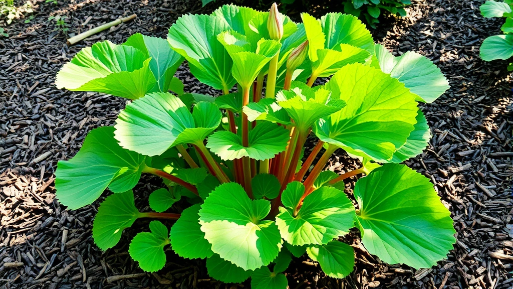 Mature rhubarb plant in established garden bed surrounded by mulch, multiple thick stalks emerging from crown, full leafy canopy, dappled sunlight filtering through leaves