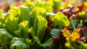 Close-up of fresh, dewy lettuce and mixed salad greens in early morning sunlight, showing vibrant green leaves with water droplets, photorealistic garden produce photography