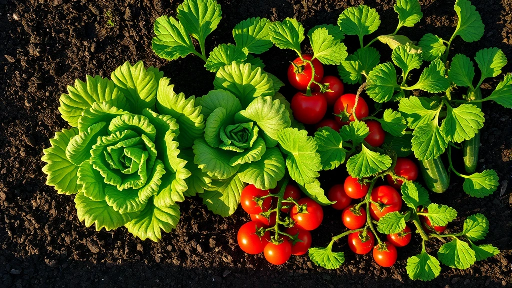 Overhead view of a bountiful vegetable garden bed with mature lettuce plants, cherry tomatoes, cucumber vines, and radishes growing together in rich dark soil, afternoon sunlight creating natural shadows
