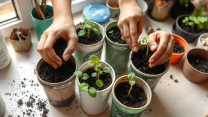Hands planting seeds in recycled containers filled with dark soil, natural window light illuminating workspace, gardening supplies scattered nearby