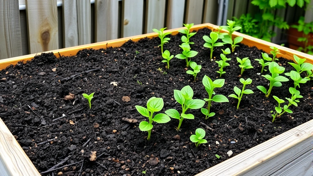 Rustic raised garden bed built from weathered reclaimed wood filled with rich dark compost, vibrant green seedlings growing, wooden fence background