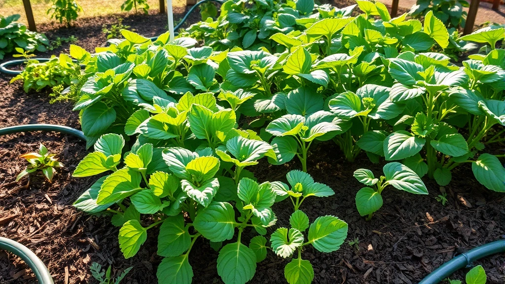 Organic vegetable garden with lush healthy plants, natural pest control beneficial insects visible, mulched beds, drip irrigation hoses, morning sunlight