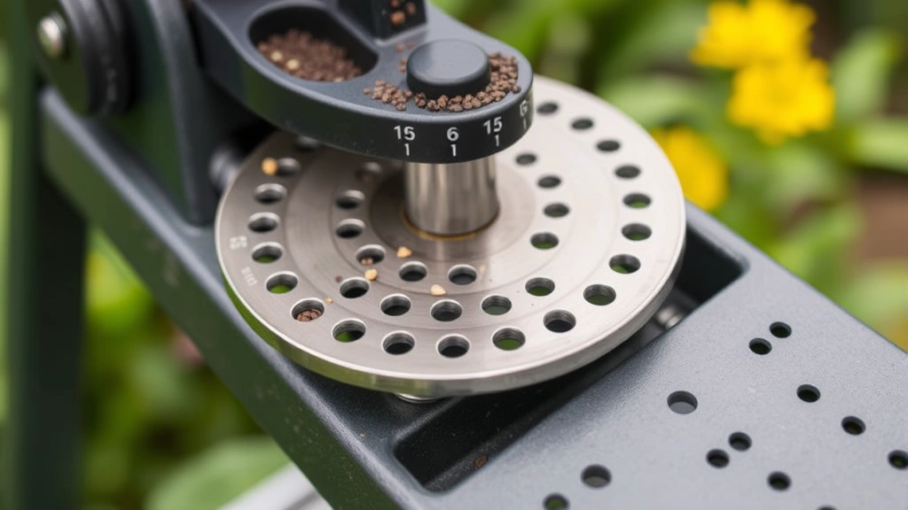 Close-up of precision garden seeder with rotating seed plates displayed, showing various hole sizes for different seed types
